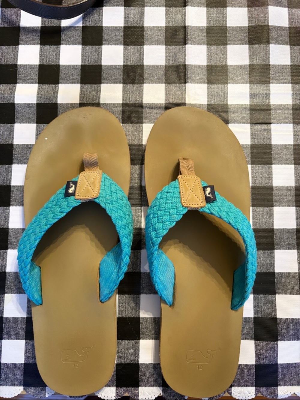 Vineyard Vines Men’s  Braided Teal Flip-Flop Sandals with Tan Footbed